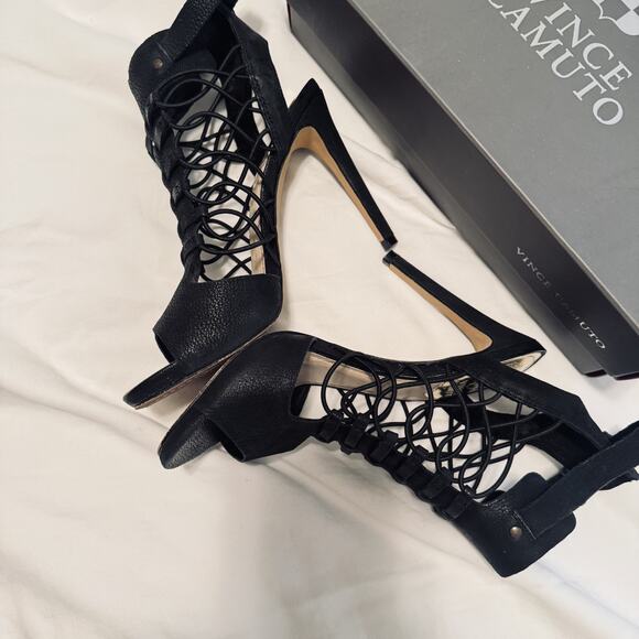 VINCE CAMUTO Formal Shoes Black Leather Caged Heels strappy sz 6.5 Fossel - Picture 4 of 8